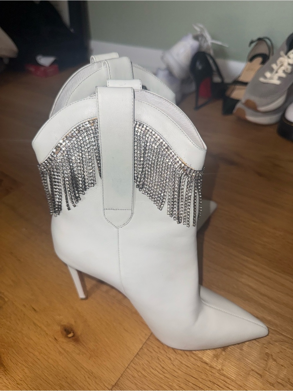 RAYE White Rhinestone Fringe Pointed Stiletto Ankle Boots